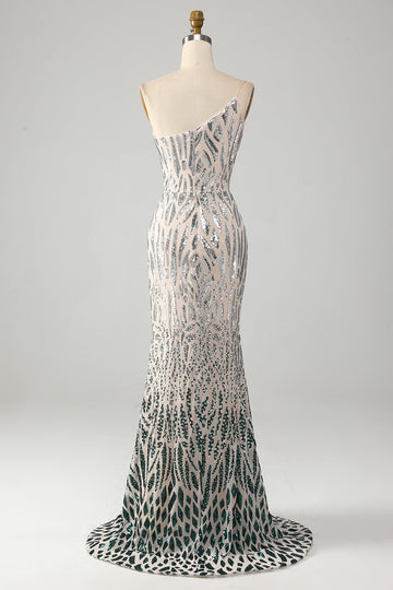 Sparkly Mermaid One Shoulder Dark Green Sequins Long Ball Dress